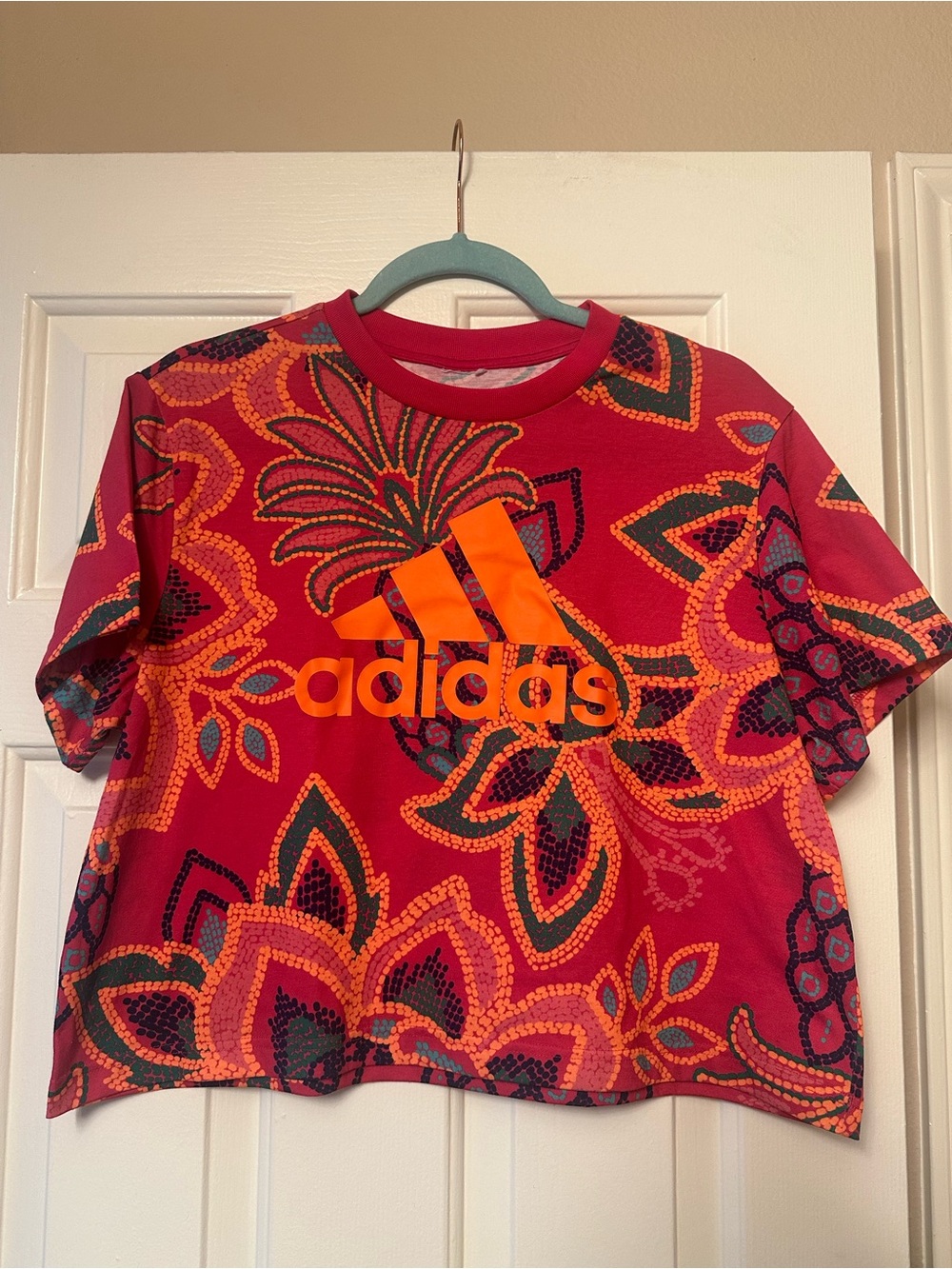 Farm Rio adidas cropped top with Orange Logo and Floral Print
